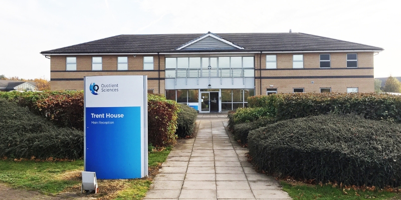 Outside of one of Quotient Sciences' buildings in Nottingham, UK