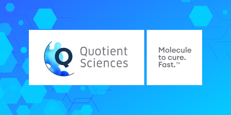 Hexagons on blue gradient background with Quotient Sciences logo